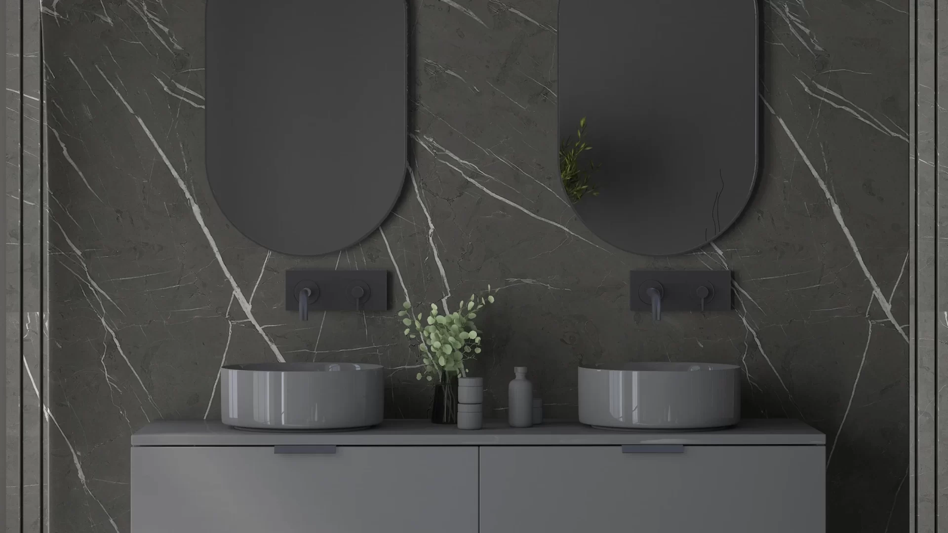 close-up-double-black-sink-with-mirrors-standing-dark-marble-wall-wooden-cabinet